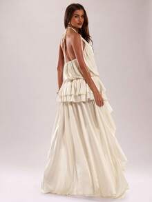 SHEIN BAE Vestido de verano elegante de unicolor para mujer, con escote halter sin espalda, parte delantera corta y parte trasera larga - Albaricoque - Ver 5