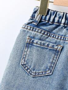 SHEIN Vintaside Kids 少女复古百搭休闲宽松舒适阔腿牛仔裤 - 深色水洗藍 - 查看 4