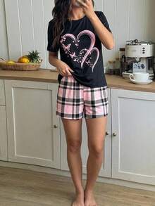 2pcs/Set Girls Pink And Black Summer Casual Heart Butterfly Print Short Sleeve Top,Pink Plaid Shorts,Loose Comfy Big Kids Sleepwear Homewear,Pe - Multicolor - View 5