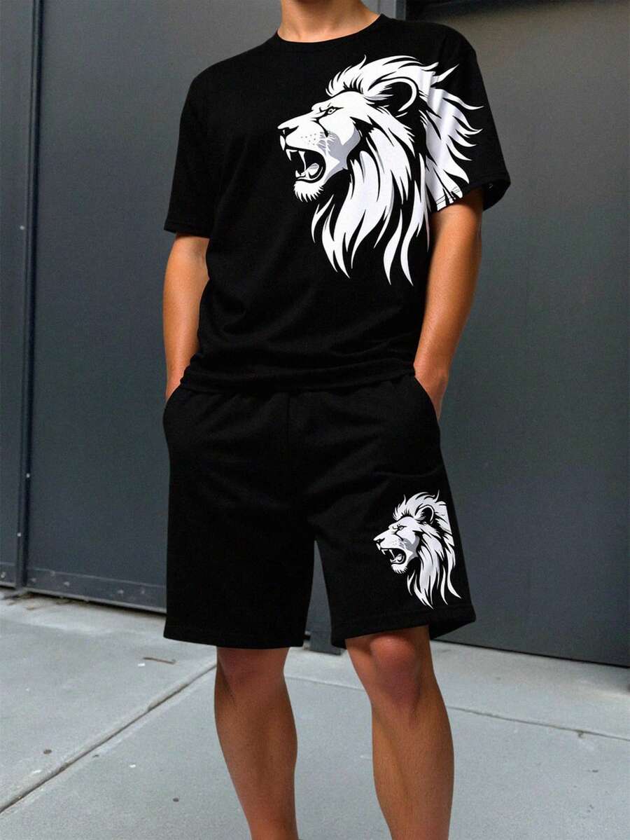 SHEIN Bộ 2 món áo thun cổ tròn và quần short in hình sư tử đen dành cho thiếu niên nam, kiểu dáng giản dị, thoải mái, thời trang, đa năng, chất liệu mềm mại, phù hợp cho mặc hàng ngày, đi học, dã ngoại, hoạt động ngoài trời, lễ hội âm nhạc, kỳ nghỉ, du lịch biển, mùa hè, mùa xuân/hè.