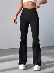 SHEIN EZwear 春季黑色条纹喇叭裤 - 黑色 - 查看 5