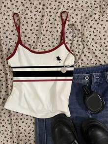 1 pieza Parte superior de camisola ajustada con estampado de rayas de contraste minimalista para niña preadolescente, adecuada para salidas y para usar en capas en todas las estaciones - Blanco - Ver 3