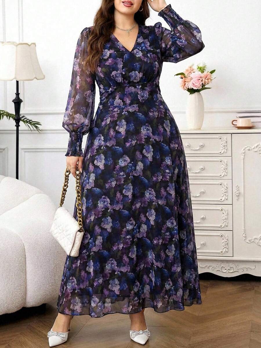 Reflora Đầm cỡ lớn dành cho nữ, in họa tiết hoa, phối lưới, màu tím, thanh lịch. - Nhiều màu - Xem 1