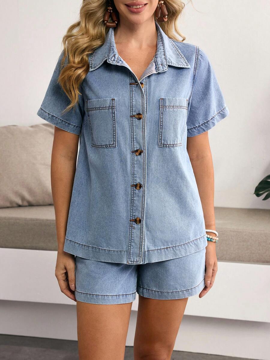 Sunnyshic Women Denim Two-Piece Outfits - Blue - View 1