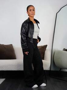 SAYEHFBABY Women's Party Fashion Commuter Rhinestone Embellished Wide Leg Jeans - Black - View 5