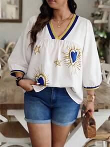 Weeklong Random Print Plus Size V-Neck Long Sleeve Shirt - Multicolor - View 3