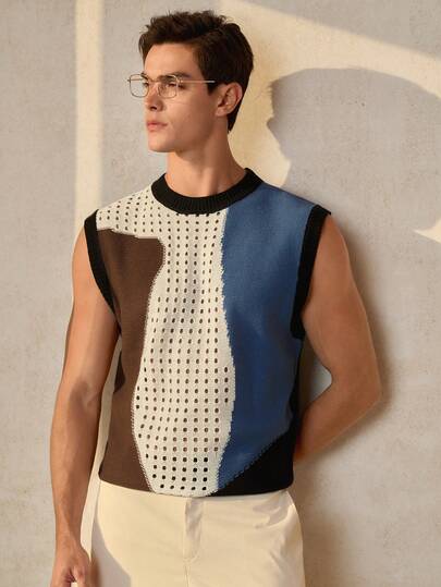 RONVEXI Men's Contrast Color Hollow Out Round Neck Casual Knitted Vest, Comfortable Breathable Lightweight Knit Top For Casual Wear, Suitable For Vacation And Valentine's Day Men Mesh Top Men Sleeveless Tops Fishnet Top Men Men Crochet Top