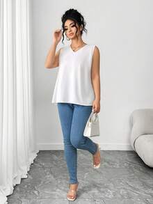 Elenzga 大码女式褶皱拼接雪纺上衣，适合情人节、婚礼季和日常休闲穿着。 - 白色 - 查看 3