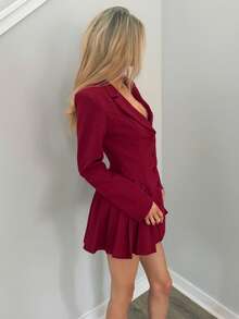 Sydney Algeri 1pc Women Solid White Sexy Deep V Neck Lapel Button Front Long Sleeve Elegant Pleated Dress,Business Casual Woman,Elegant Dresses For Party - Burgundy - View 4