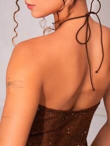 juhmazzocco Spring/Summer Solid Brown Coffee Color Tight-Fitting Sheer Mesh Knitted Crochet Starfish Decal Bodycon Mini Dress, Beach Cover-Up, Crochet Dress, Summer Dress,Valentine's Day,Valentine Outfits For Women - Brown - View 7