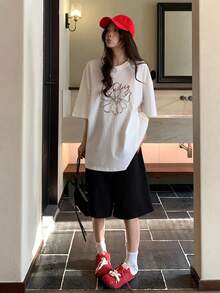 DAZY 女士甜美线条花卉印花短袖T恤，宽松版型，百搭白色纯棉休闲上衣，印花T恤，女款加大码 - 白色 - 查看 8