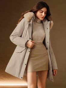 Anewsta 厚实长款蓬松毛领内衬收腰派克大衣，女式冬季夹克 - 米色 - 查看 1