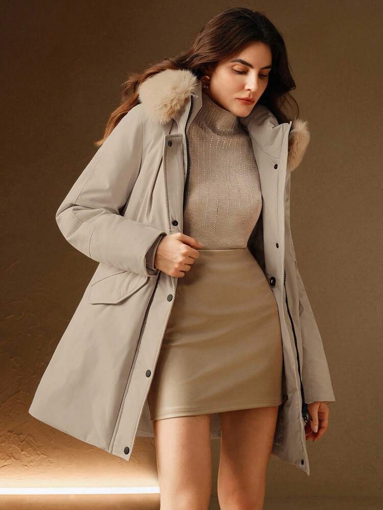 Abrigo parka con cintura ceñida, forro de piel esponjosa y larga, chaqueta de invierno para mujer