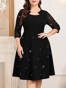 SHEIN Clasi 大码纯色水钻装饰修身优雅连衣裙 - 黑色 - 查看 3