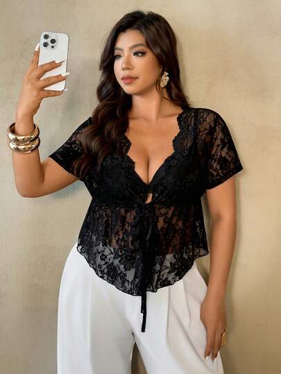Auralis Plus Size Solid Color Lace Patchwork Deep V-Neck Sheer Sexy Short Sleeve Blouse