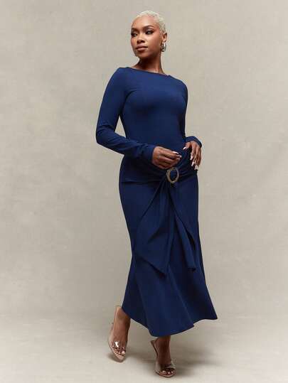 Vixey Navy Solid Textured Jersey Boat Neck Mermaid Hem Long Sleeve Midi Dress