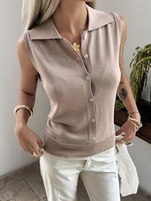 DAZY Damen Einfarbiges figurbetontes Ärmelloses Lässig Urlaubs Strick Top mit Kragen für Frühling/Sommer - Khaki - Übersicht 2