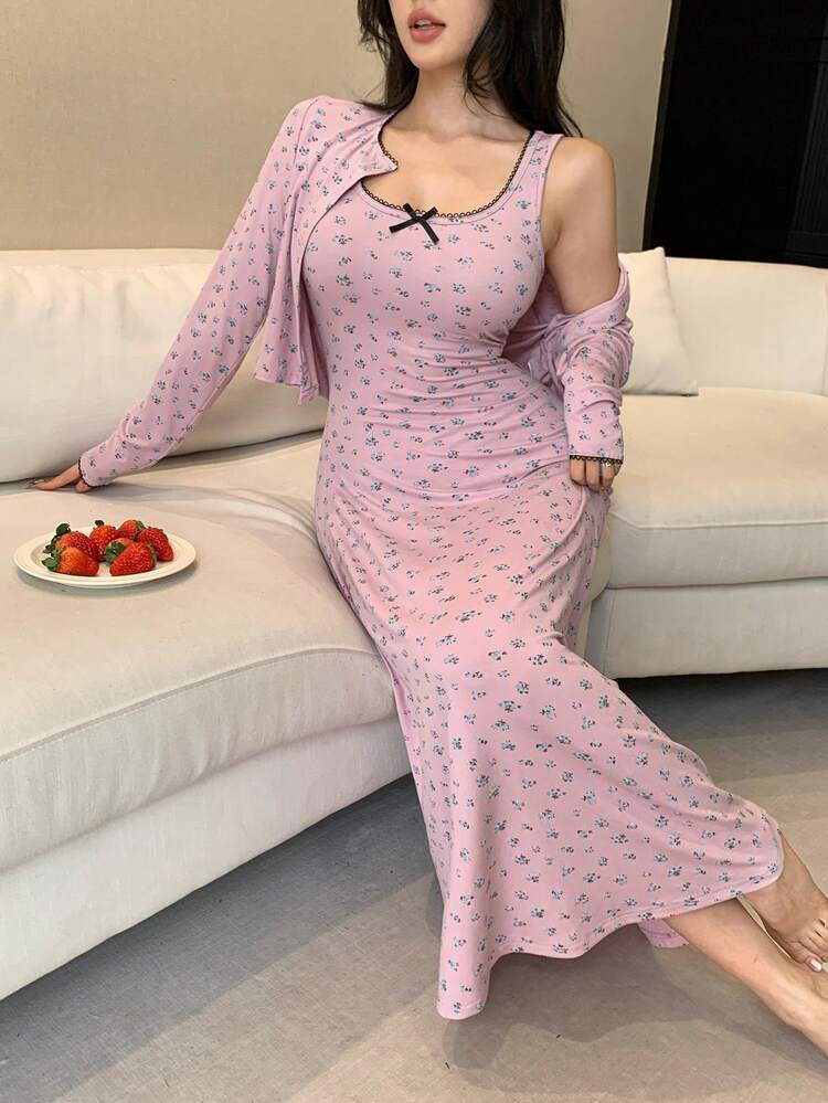 2pcs/Set Ditsy Floral Long Sleeve Cardigan & Maxi Slip Dress, Women Spring Sleepwear Outfit