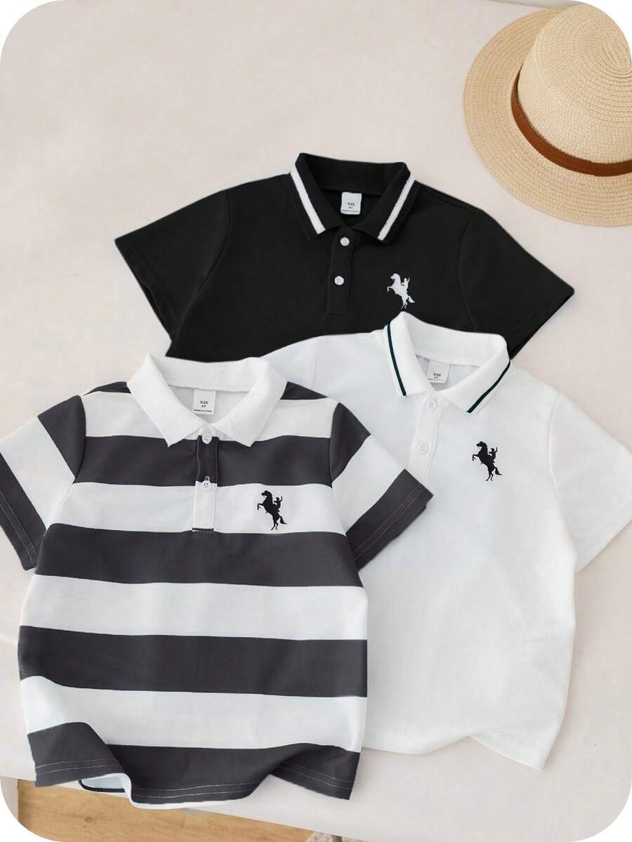 SHEIN 3pcs Young Boy Casual Sports College Print Pattern Polo Shirt, Suitable For Back To School, Daily Wear, Sports, Spring/Summer - Black and White - View 1