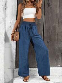 Women's Solid Color Pants With Super String Belt - Blue - View 4