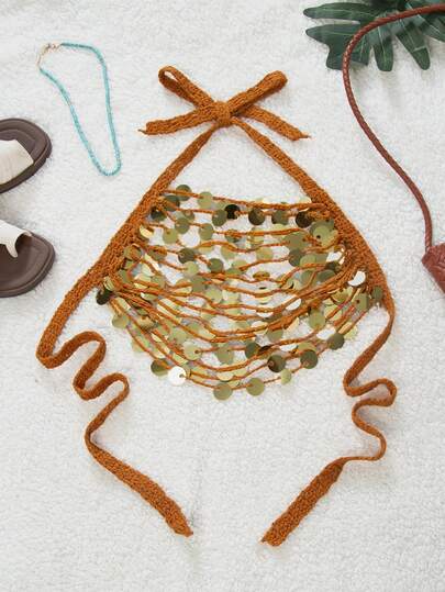 Swim SXY 亮片吊带流苏露脐上衣和镂空编织半身裙套装，性感闪亮沙滩夏季女装