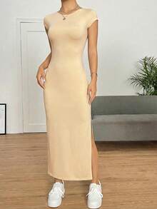 SHEIN EZwear 女士米黄色纯色露背开衩修身Y2K连衣裙，夏季 - Butter Yellow - 查看 5