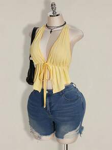 SHEIN ICON 加大码黑色露背系带蝴蝶结针织上衣，前系带蝴蝶结吊带上衣，Y2K 基本款露背上衣 - 淡黃色 - 查看 7