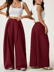 SHEIN Tall Quần dài nữ mùa hè kiểu vintage, phong cách hippie, dáng rộng, màu xanh rêu quân đội. - Màu Đỏ Sâu - Xem 6
