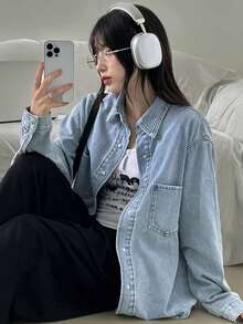 DAZY Áo sơ mi dài tay denim màu trơn dành cho nữ, áo kiểu rộng rãi, áo khoác mỏng mặc ngoài. - Rửa nhẹ - Xem 10