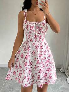 Rafferiza Ladies' Spaghetti Strap Tie-Back Floral Print Pleated Cami Dress Mini Short Women Outfit - Multicolor - View 4