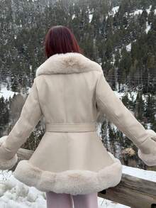 Abrilcols Fuzzy Collar Belted Coat - Beige - View 2
