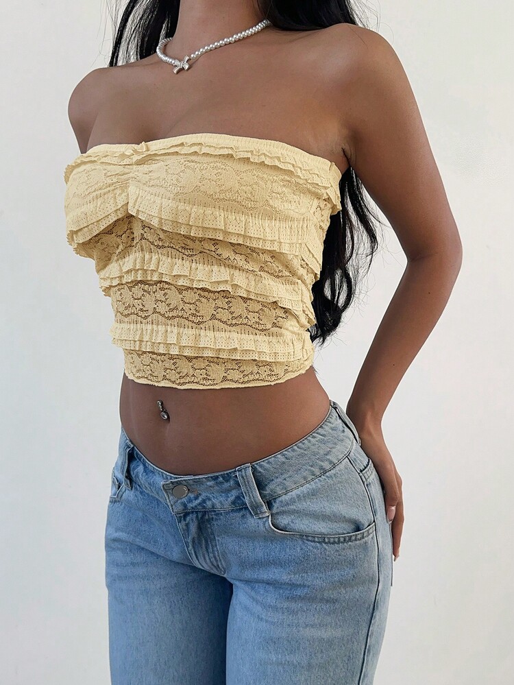 Aloruh 女士新款纯色优雅浪漫蕾丝蝴蝶结荷叶边胸部褶皱抹胸上衣 - 黃色 - 查看 6