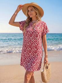 Sylviya 女式蓝白度假印花蝙蝠袖迷你连衣裙 - 紅色 - 查看 5