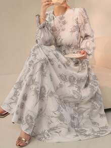 DAZY Vestido elegante de mujer con estampado floral, cuello redondo y mangas acampanadas - Gris - Ver 5