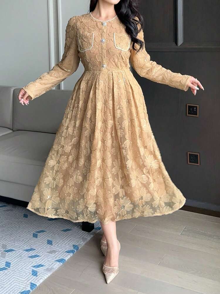 Dazy Plus Plus Size Women Elegant Lace Beaded Embroidered Floral Fitted Party Dress, Spring/Summer Sundress