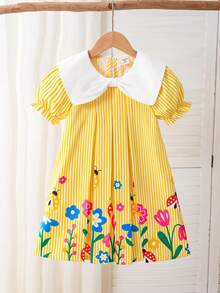 SHEIN Elladie kids 小女孩可爱蝴蝶结领口、花卉条纹印花褶皱下摆公主泡泡袖连衣裙，适合休闲、度假、优雅可爱的日常穿着。 - 黃色 - 查看 4