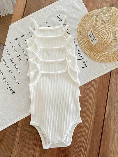 SHEIN LMoss Kids 5pcs/Set Unisex Baby Casual Minimalist Knit Comfortable Elastic Solid Color Romper Suitable For Summer