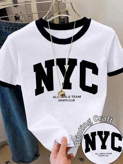 EMERY ROSE Damen Lässig Alltags Mode Straßen Buchstaben Muster Kontrastbesatz Kurzarm T-Shirt, Sommer