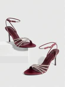 CUCCOO SZL Women's Pointed Toe Rhinestone Buckle Design Fashionable Elegant High Heel Sandals - Burgundy - View 1