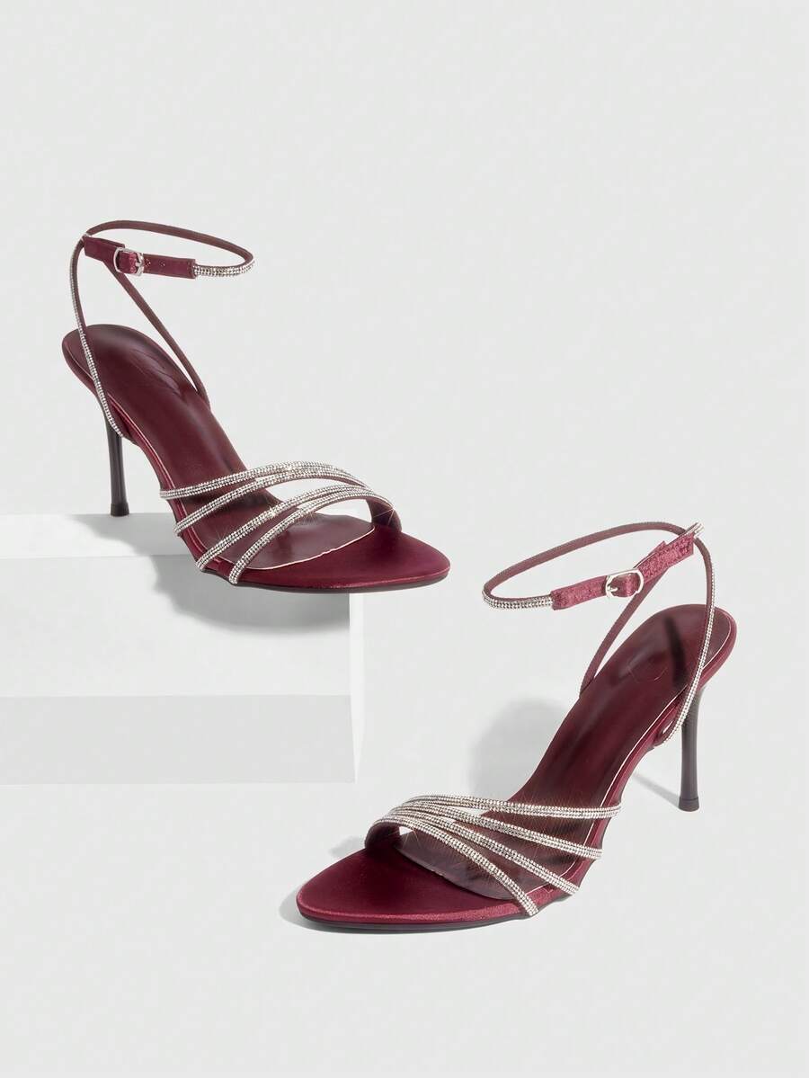 CUCCOO SZL Women's Pointed Toe Rhinestone Buckle Design Fashionable Elegant High Heel Sandals - Burgundy - View 1