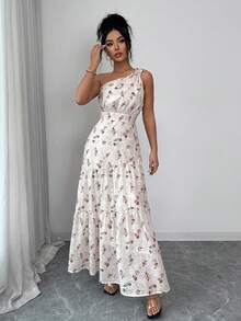 Rafferiza 女士优雅度假杏色碎花单肩扭结层叠喇叭裙 - 杏色 - 查看 2