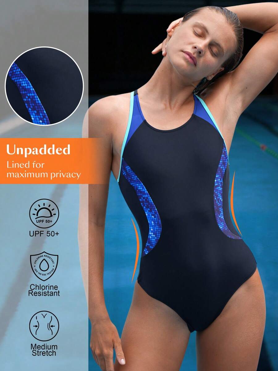 Swim Nautrix Maillot de bain une pièce pour femmes avec imprimé patchwork, garniture contrastée et dos nu. Idéal pour la plage, le surf, la natation, la protection solaire et la compétition. - Multicolore - Voir 1