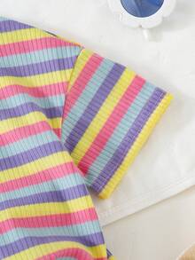 Cozy Pixies 2件套女婴撞色针织柔软圆领短袖上衣和松紧腰短裤套装 - 彩色 - 查看 6