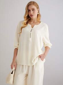 Parysyn Bộ đồ đơn giản bằng vải cotton và lanh dệt kim cỡ lớn dành cho nữ. - Màu be - Xem 7