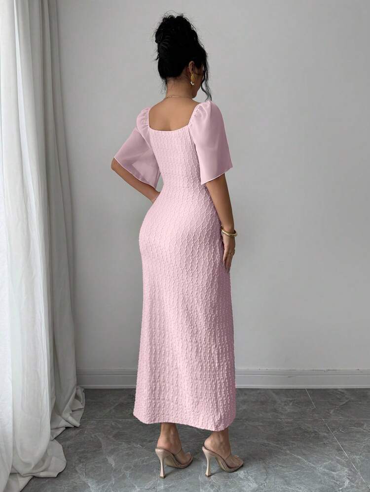 puff sleeve pink midi dress Crimson Satin Sweetheart Puff-Sleeve Midi Dress dresses for women party  wedding