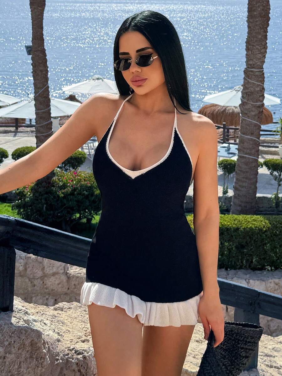 SHEIN Black And White Ruffle Hem Sweater Dress - Black and White - View 1