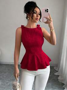 Nueva blusa de tirantes finos con diseño de lazo, cintura ceñida y volantes en el bajo, de tela floral texturizada, para mujer, casual, versátil y elegante para vacaciones - Burdeos - Ver 5