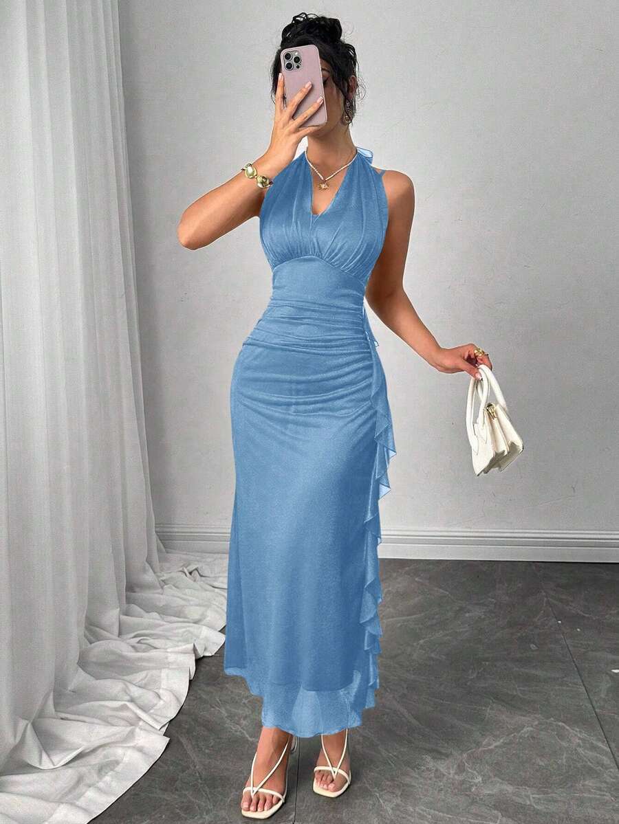 Modelyn 优雅纯色淑女性感露背荷叶边修身显瘦女士优雅派对长裙 - 藍色 - 查看 1