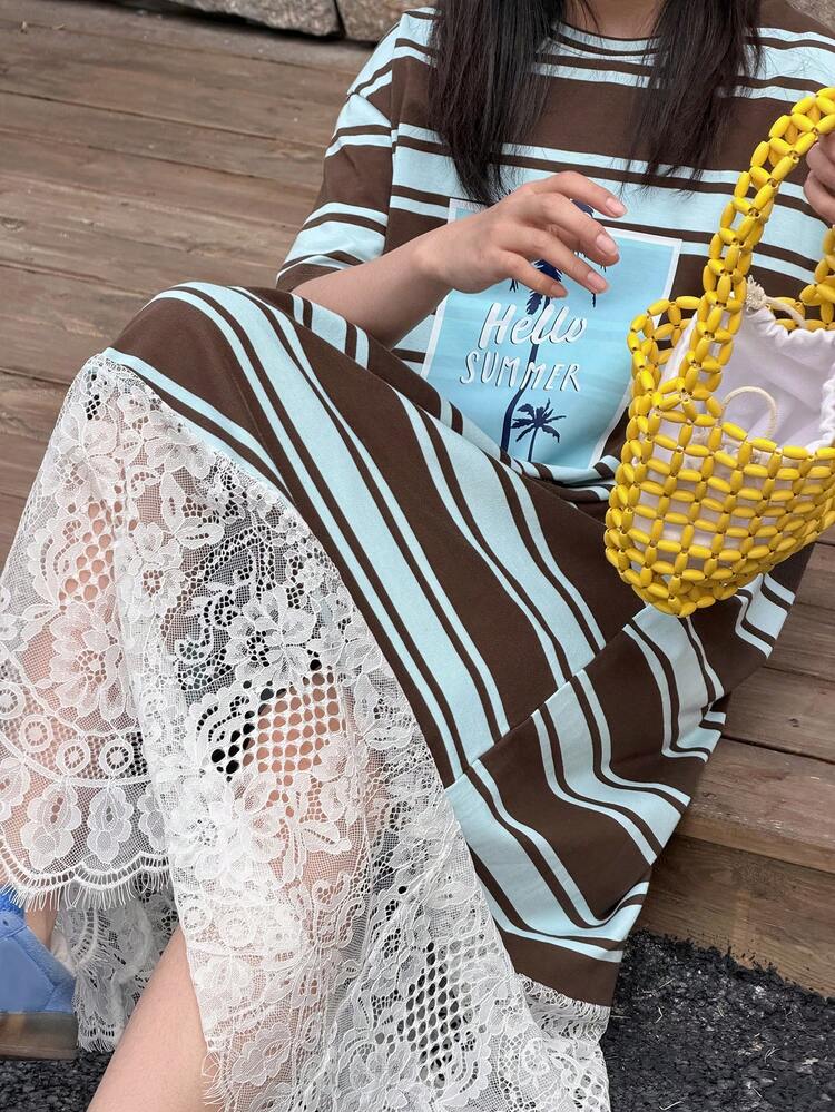 Tween Girl Striped & Lace Patchwork Casual Short Sleeve Dress