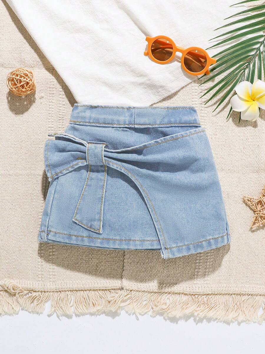 SHEIN Vintaside Kids 女婴高腰荷叶边蝴蝶结装饰牛仔短裙,夏季套装 - 淺色水洗藍 - 查看 1